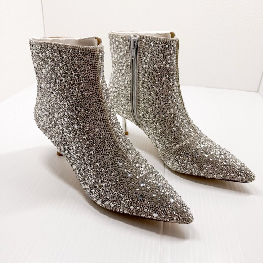 Abound Silver Rhinestone Ankle Boots 7M Sparkle Glitter Pointed Toe Party Heels - Picture 2 of 13